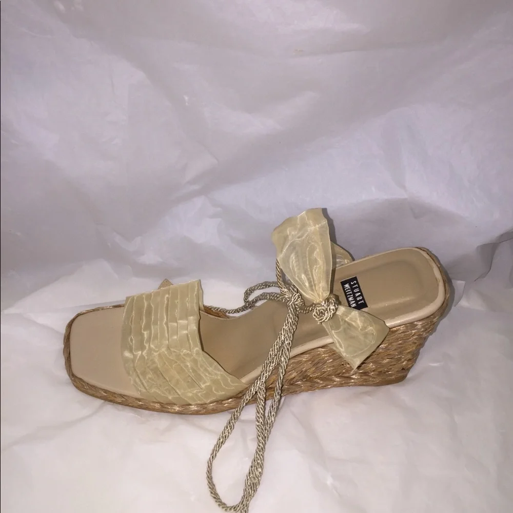 Stuart Weitzman Boho Style Tulle Sheer Ankle strap Wedge Shoe